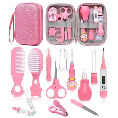 Baby Healthcare and Grooming Kit, Safety Newborn Nursery Baby Care Kit, with Hair Brush Comb, Nail Clipper, Thermometer, Pacifier Clip, Baby Registry Search, Newborn Essentials Girls Boys (Pink)