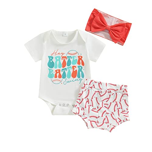 Lamuusaa Newborn Baby Girl Baseball Outfit Short Sleeve Letter Print Romper Shirts Baseball Print Shorts Headband Set