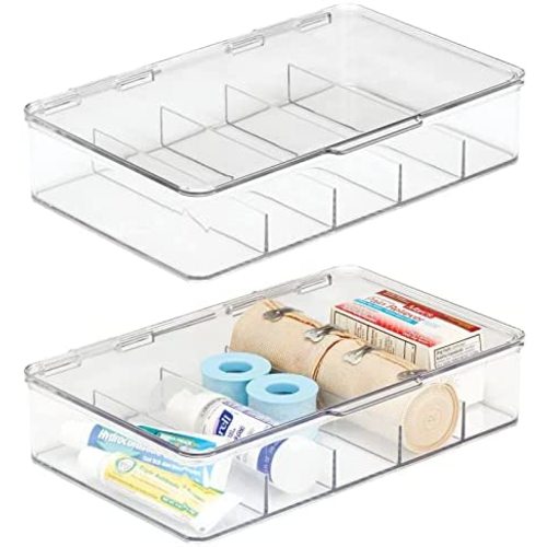 mDesign Rectangular Plastic Stackable Storage Box with Hinged Lid for Organizing First Aid, Medicine, Ointments, Dental, Diabetic Supplies - 5 Divided Compartments, Pack of 2 - Clear
