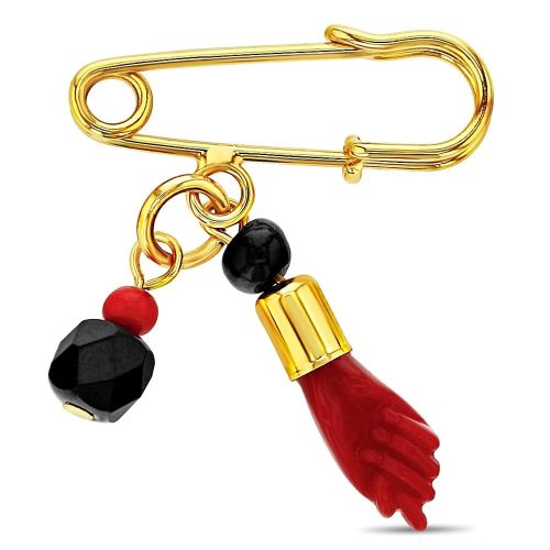 In Season Jewelry Gold Plated Red Figa Hand Simulated Azabache Evil Eye Protection Baby Pin Brooch - Traditional Figa Hand Black Simulated Azabache Amulet Protection Unisex Brooch Pin for Babies