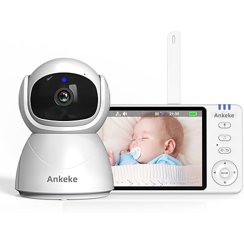 AnKeKe 720P Smart Video Baby Monitor with Camera and Audio 5.0-inch LCD Display, Two-Way Audio, Night Vision, Sound and Temperature, Feeding Alarm 8 Lullabies, 355° Rotation, 2.4G Wireless No WiFi