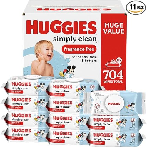Huggies Simply Clean Unscented Baby Diaper Wipes, 11 Flip-Top Packs (704 Wipes Total), Packaging May Vary