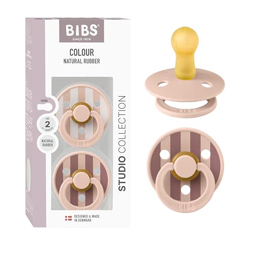 BIBS Pacifiers - Colour Studio 2 Pack | Round Nipple Baby Pacifier | BPA Free Natural Rubber Latex Soother | Made in Denmark | Size 6+ Months | Block Blush