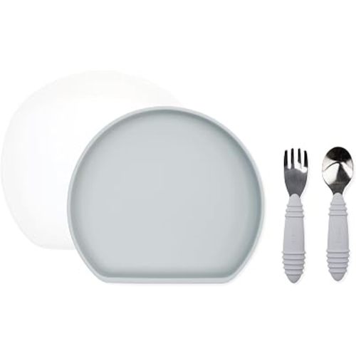 Bumkins - Silicone Grip Plate, Fork & Spoon & Lid - For Ages 18 Months+ - Suction Base - 100% Food-Safe Silicone - Oven, Microwave, Freezer, & Dishwasher Safe - Gray