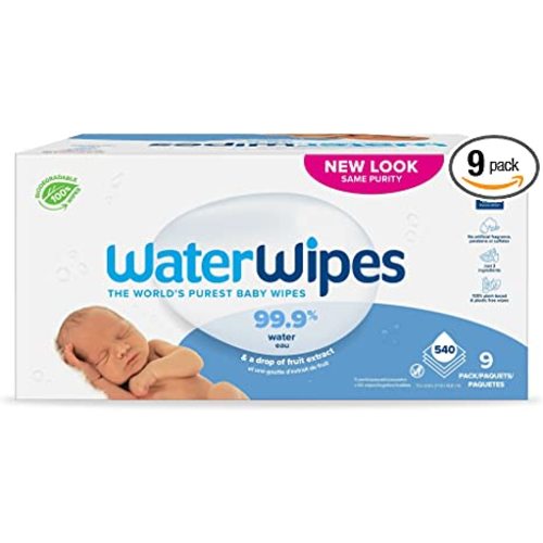 WaterWipes Plastic-Free Original Baby Wipes, 99.9% Water Based Wipes, Unscented & Hypoallergenic for Sensitive Skin, 540 Count (9 packs), Packaging May Vary - 60 Count (Pack of 9)