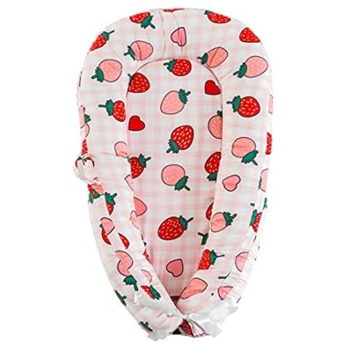 NTCOCO Baby Lounger Baby Nest 100% Soft Breathable Cotton Co-Sleeping Baby Bed Newborn Lounger Portable Adjustable for Crib Bassinet Ideal Baby Gifts Essential (Pink Strawberry)