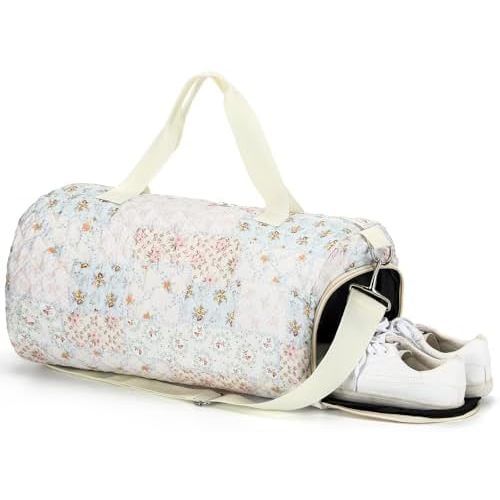 Spliced Floral Quilted Duffle Bag for Women Cotton Dance Bag with Adjustable Carry Strap and Handy Pouch Floral Backpack for Dancers