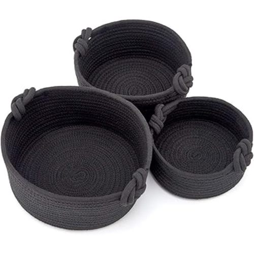 EZOWare Set of 3 Small Nursery Round Cotton Rope Knit Basket Cubes, Woven Storage Organizer Bins for Changing Table, Kids Baby Closets, Room Decor, Dog Cat Items, Towels, Gift Baskets Empty - Black