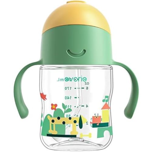 Evorie Tritan Weighted Straw Sippy Cup with Handles for Baby and Toddlers 6 months up, 7 Oz Soft Silicone Straw Infant First Training Water Bottle (Green Explore)