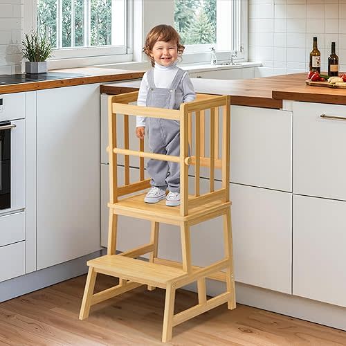 COSYLAND Kitchen Step Stool for Toddlers – Stable A-Frame Design Kids Standing Tower with Protective Crossbar – Wooden Learning Stool for Kitchen Island Counter, Bathroom (Natural)