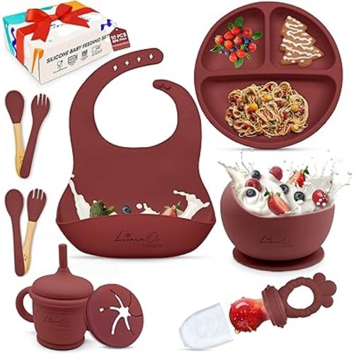 Silicone Baby Feeding Set | Empower Your Little One's Independence - Baby Led Weaning Feeding Supplies for Toddlers with Suction Plates, Suction Bowl, Bibs, Suction Cup, Spoons & Forks (Red - Wine)