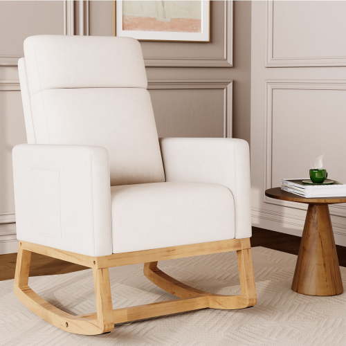 SAETSFEG Rocking Chair Nursery, Comfortable Upholstered Glider Rocker Chairs Indoor for Adults, Mid-Century Modern Nursing Accent Rockers for Living Room, Bedroom, Beige