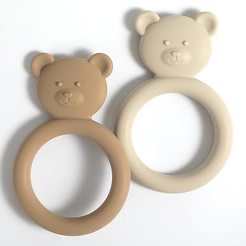Silicone Baby Teether, Teething Toy Ring for Babies, Easy to Hold Design, BPA Free (Sand + Light Grey)