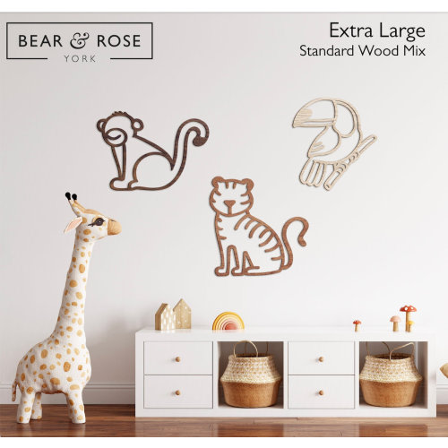 Hand Drawn Jungle Animal Wooden Wall Decor: Nursery Art Trio