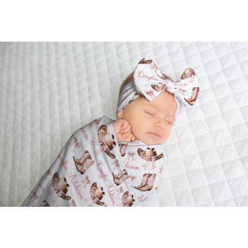 COQUETTE WESTERN SWADDLE Blanket, Baby Girl Western Pink Bow Swaddle, Pink Boots Hat Swaddle Set Headband, Newborn Girl Pink Cowgirl Swaddle