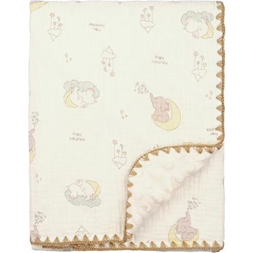 Baby Blanket 40x40 Inches,Muslin Cotton and Minky Dotted Double Layer Soft Receiving Blanket for Newborn Toddler,Lunar Elephant