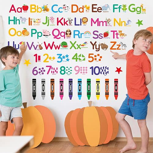 Animal Alphabet Numbers Wall Decals - 6 Sheets 55 Pcs Colorful Educational Wall Decor Peel and Stick Removable Numbers Letters ABC Stickers for Kids Daycare Nursery Playroom Classroom Bedroom