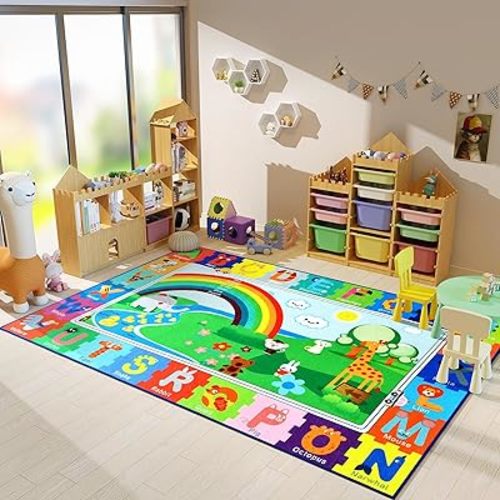 DETUM Kids ABC Playroom Rug 7x10 ABC Educational Rugs for Kids Learning,Numbers Colour and Alphabet Animal Classroom Rugs Elementary,Soft and Non-Slip Bedroom Rug for Todder Children Nursery,Green