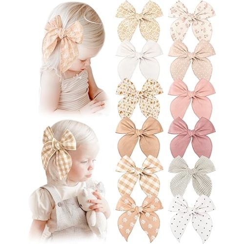 Niceye Fable Girls Hair Bows Cotton Linen Alligator Hair Clips or Little Girls Toddlers Kids Neutral Handmade Hair Accessories - 5.5” bow