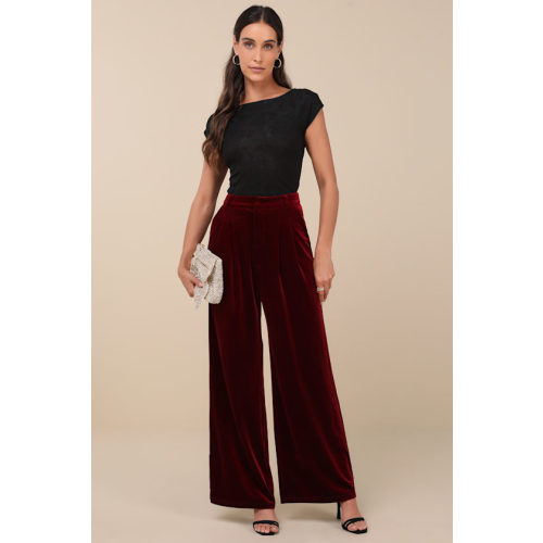Chic Splendor Wine Red Velvet Pleated High-Rise Wide-Leg Pants