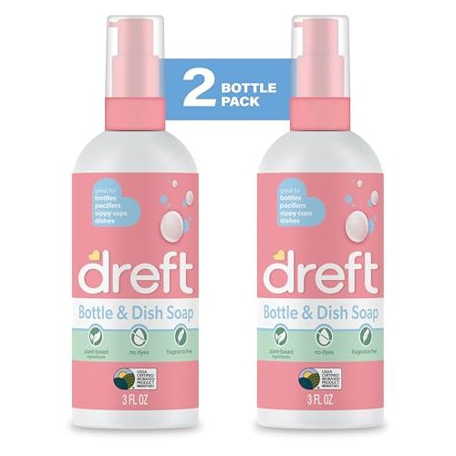 Dreft Bottle and Dish Soap | Made to Clean Baby Bottles, Sippy Cups, Pacifiers, Breast Pumps, & More | Gently Removes Milk Film & Odors | Plant Based, Fragrance Free Dish Soap | 3 Fl Oz (Pack of 2)