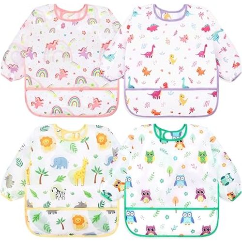 Accmor 4 Pack Long Sleeve Baby Bibs, Waterproof Sleeved Bib Smock for Baby Toddler 6-36 Months