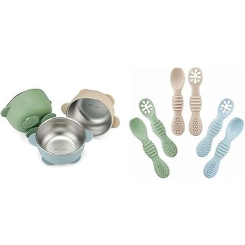 PandaEar 3 Pack Stainless Steel Baby Suction Bowls & 6 Pack Silicone Baby Spoons