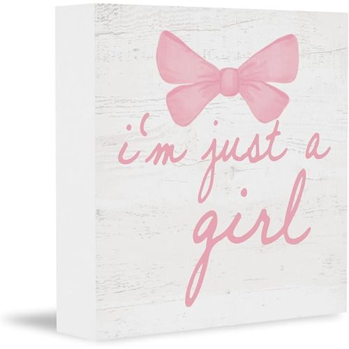 Trendy Pink Bow Coquette Room Decor Wooden Box Sign, Coquette Party Decor, Girls Room Decors, i’m Just a Girl Girly Bowknot Signs for Home Dorm Wall Desk Shelf Tabletop Decoration 5X5In