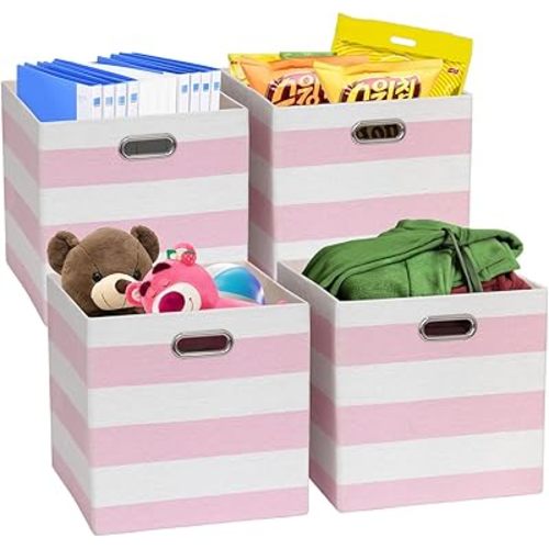Posprica Storage Bins Storage Cubes,13×13 Collapsible Storage Boxes Containers Organizer Baskets for Nursery,Office,Closet,Shelf - 4pcs,Pink-white Striped