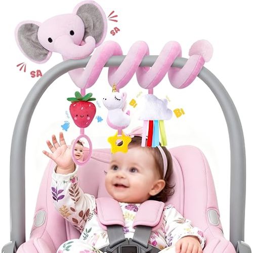 Juguetes de asiento de coche en espiral para bebés niñas de 0 a 6 meses, lindo elefante rosa fresa, regalo perfecto de Navidad para recién nacidos, regalos esenciales para niñas