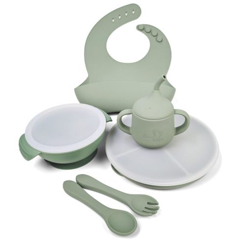 Bendee Baby Silicone Baby Feeding Set| Silicone Divided Suction Plate and Bowl with Lids |Toddler Feeding Set| Training Cup with Straw|Fork Spoon Bib| Toddler Baby Led Weaning Supplies (Green)