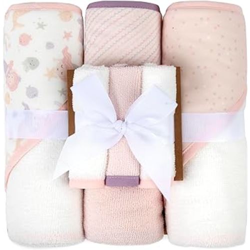 Hooded Baby Bath Towel and Washcloth 6 Piece Set for Newborns, Infants & Toddlers, Boys & Girls Baby Hooded Towels Set (Mermaid Friends & Waves)