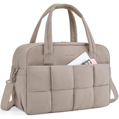 BAGSMART Gym Bag for Women, 29L Puffer Travel Duffle Bag for Travel with Laptop Compartment, Weekender Bags for Women, Carry On Duffel Bag Personal Item Bag, Camel