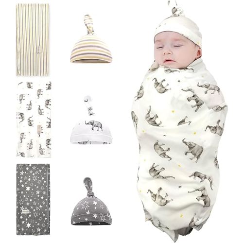 Newborn Swaddle and Hat Set 6 Pack 100% Cotton Knitted Muslin Baby Blankets 35" x 35" Baby Receiving Blankets Stroller Soft Unisex Newborn Swaddle Wrap for Girls and Boys (Elephant+Star+Stripes)