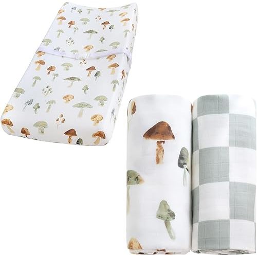 LifeTree Muslin Swaddle Blankets and Changing Pad Covers Fitted, Mushroom Pattern, Super Soft Viscose from Bamboo Cotton Fabric