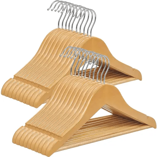 SONGMICS Kids Wooden Hangers 20 Pack, Solid Wood Baby Hangers, Children's Coat Hangers with Pants Bar, Shoulder Notches, Swivel Hooks, 12.6 x 7.5 Inches, Natural and Silver UCRW06NL