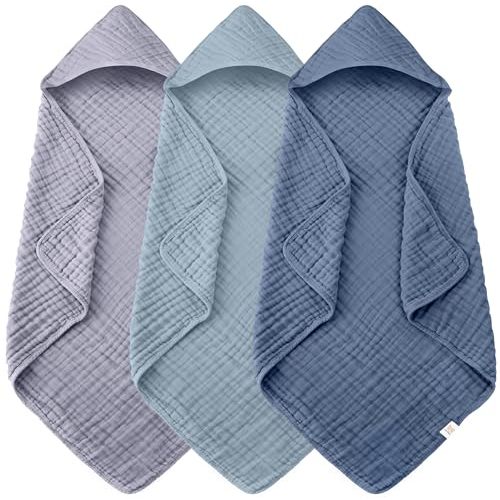 Ease Cubs 3-Pack Muslin Hooded Baby Towels, 100% Cotton, Ultra-Soft & Absorbent Baby Bath Towels with Hood for Babies, Infant, Toddler and Newbron (Grey and Navy Blue Series,32" x 32")