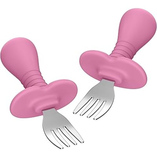 Baby Fork Toddler Forks for Self Feeding, Kids Forks with Silicone Round Handle, Stainless Steel Toddler Utensils Children Safe Silverware Set, Anti-Choke Design, BPA Free - Pink