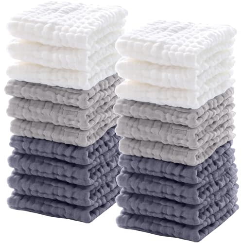 Breling 20 Pcs Baby Muslin Washcloths Natural Muslin Cotton Baby Wipes Soft Newborn Baby Face Towel Absorbent Muslin Washcloth for Sensitive Skin Baby 12 x 12 Inch (White, Light Gray, Gray)