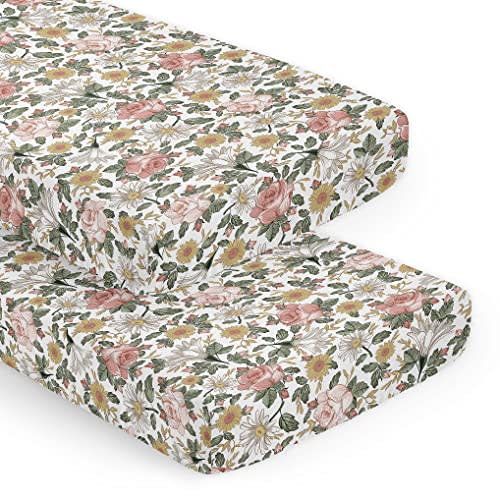 Sweet Jojo Designs 2-Piece Baby Crib Sheets Set (Boho Vintage Floral) for Girls, Infant Nursery, Toddler Room - Fitted, Standard Size (Shabby Chic, Rose, Daisy, Bohemian, Farmhouse, Wildflower, Pink)