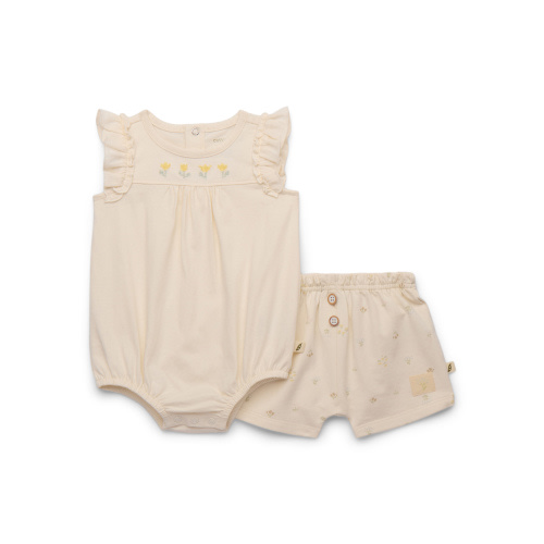 easy-peasy Baby Girls Organic Cotton Ruffle Bodysuit with Embroidered Yoke & Shorts Set, 2-Piece, Sizes 0-24M