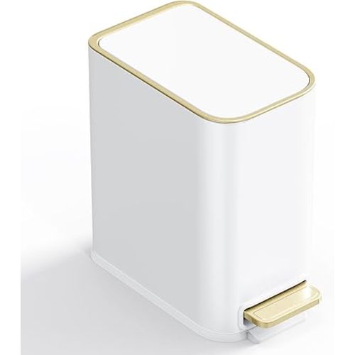 Small Bathroom Trash Can with Lid Soft Close, 5L / 1.3 Gallon Slim Garbage Can with Removable Inner Bucket, Step Stainless Steel Trash Bin for Office, Bathrooms, Bedroom, Living Room (White)