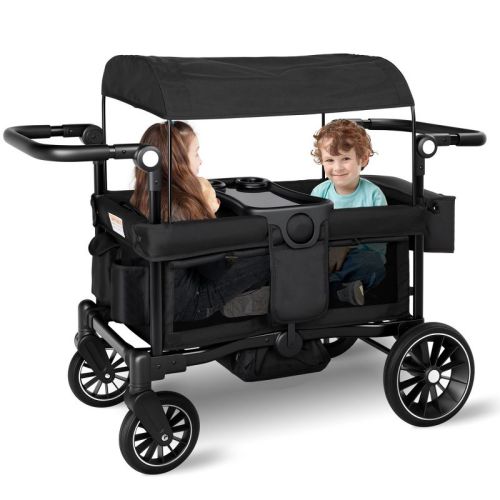 Folding Wagon Stroller for 2 Kids, Adjustable Handle, All-Terrain Shock-Absorbing Wheel, Detachable Tray, Diaper Bag