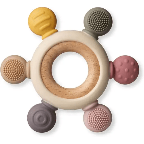 Baby Teething Toys, Silicone Chewable Teethers with Wooden Ring for Soothing Babies Gums, Rudder Chewers Shower Gift for lnfants & Toddlers, 3+ Months (6 Directions, Khaki)