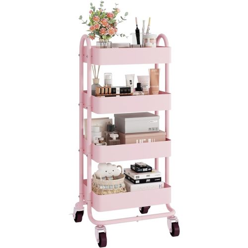 4-Tier Pink Rolling Cart,Metal Utility Rolling Cart with Handle,Multifunction Rolling Carts with Wheels,Kitchen Storage Carts Suitable for Office,Home,Kitchen,Garden（13.4"x18.1"x40"） Pink