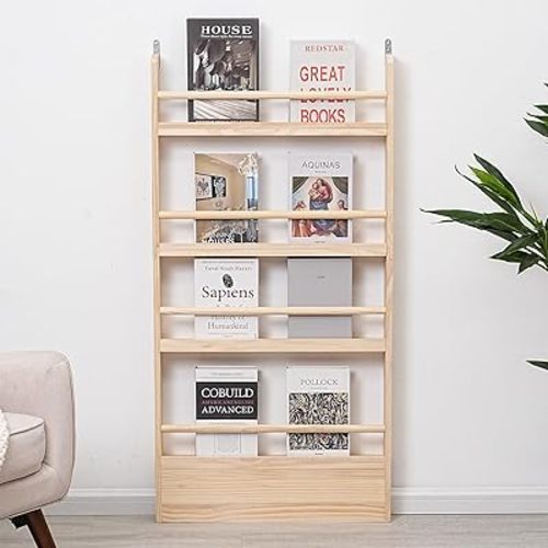Kids Bookshelf 4-Tier - Space-Saving Behind The Door Storage Shelf - Pine Wood Thin Bookshelf 4 Shelves Wall Mounted - Suitable for Children's Books in Bedroom, Living Room and Nursery