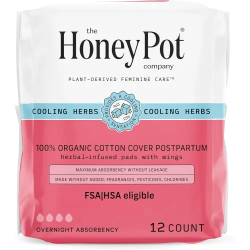 The Honey Pot Company - Herbal Postpartum Pads w/Wings - Infused w/Essential Oils for Cooling Effect, Organic Cotton Cover, & Ultra-Absorbent - 12ct