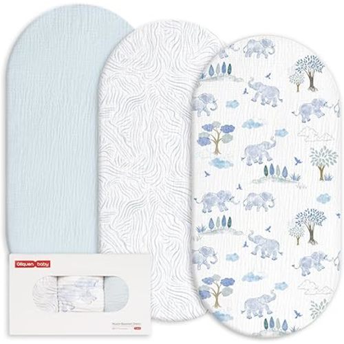 Gllquen Baby Muslin Bassinet Sheets 3 Pack, Breathable Elastic Cozy Fitted Cotton Bassinet Mattress Sheet for Baby Boy Girls, Fit for Hourglass Oval Rectangular Cradle Pad Sheets 33"x17" (Light Blue)