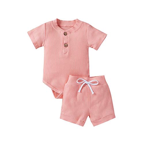 Ledy Champswiin Summer Newborn Baby Boy Girl Clothes Set Ribbed Outfits Unisex Infant Solid Short Sleeve Tops Shorts 2PCS