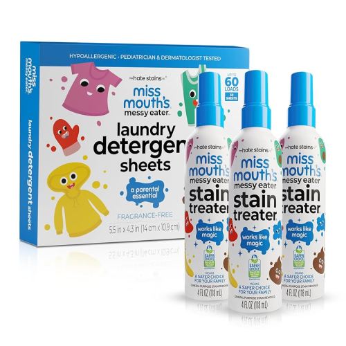 Miss Mouth’s Messy Eater Stain Treater Stain & Suds Duo Pack - 3 Pack Spray and 30 Pack Detergent Sheet bundle - Newborn & Baby Essentials - Food, Grease, Coffee Off Laundry, Underwear, Fabric